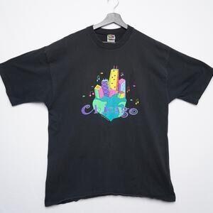 90s Chicago Neon Skyline Heart T-Shirt XL Made in USA Fruit of‎ the Loom Lofteez